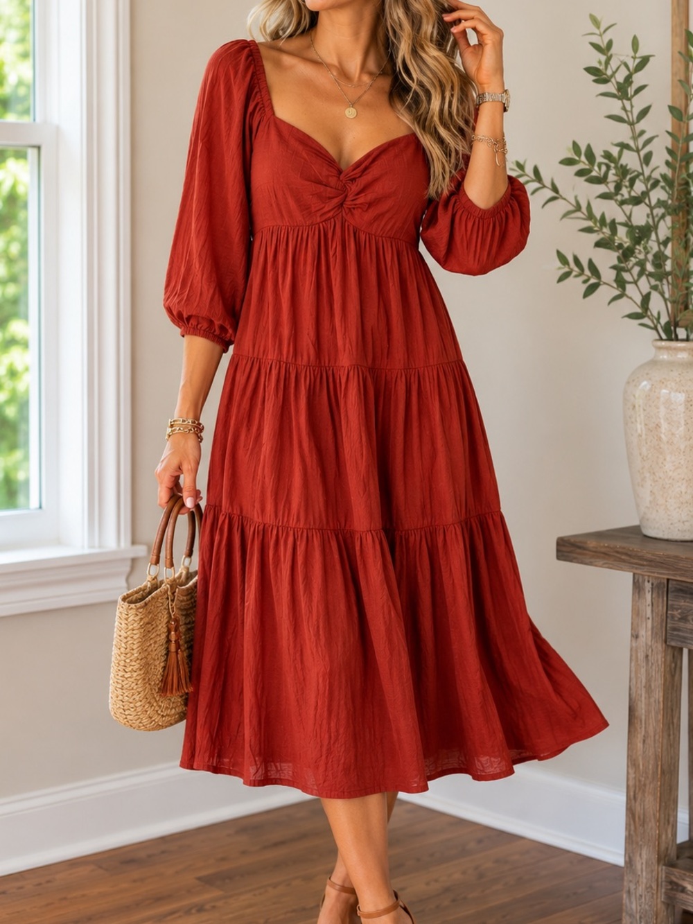 Out of Office Trina Turk Rust Double Gauze Swing Dress Sz Large